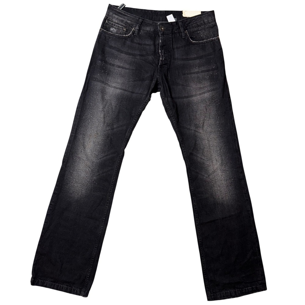 Bershka 1998 Denim Mens 32 Faded Black Studded Distressed Straight Leg Jeans